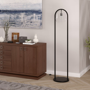 Black Column Floor Lamp With Clear Seeded Glass Globe Shade